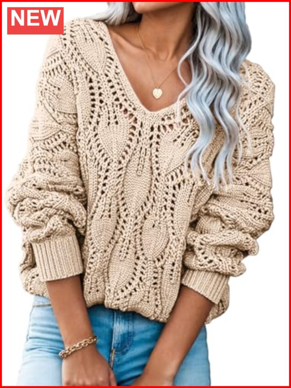 Women's V Neck Crochet Hollow Out Pullover Sweater Long Sleeve Knit